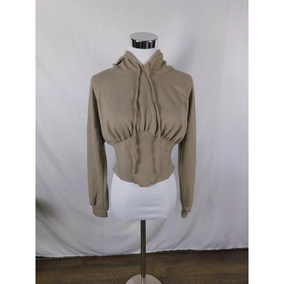 Meraki Hoodie Womens Medium Beige Taupe Cropped Corset Lace Up Waist Long Sleeve - Picture 1 of 12